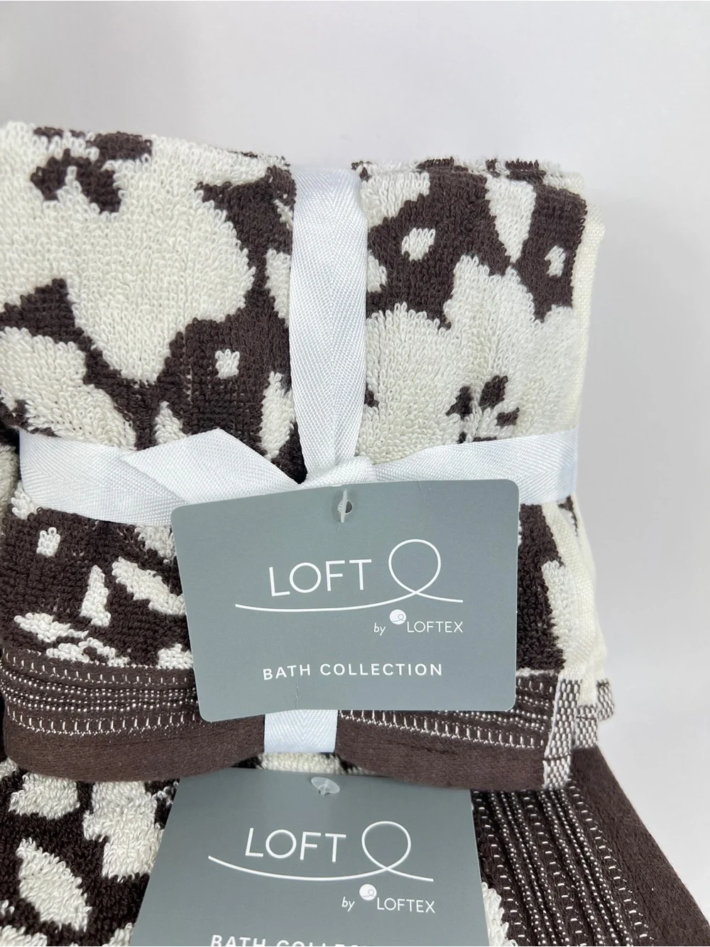 Loft by Loftex Bath Towel Set Bold Floral Brown Cream Soft 100% Cotton 8 Pc NEW